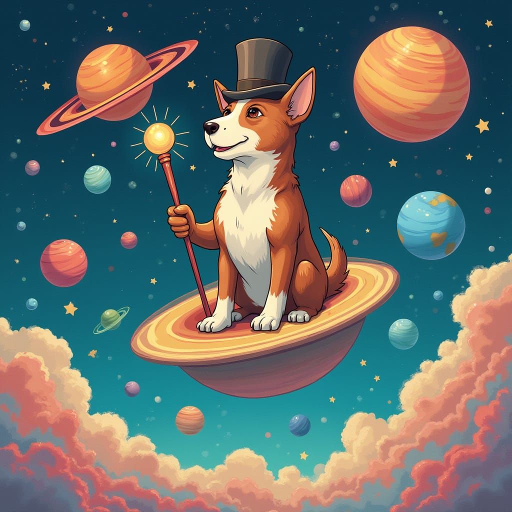 A Whimsical Dog Reigns Over a Vibrant Galaxy