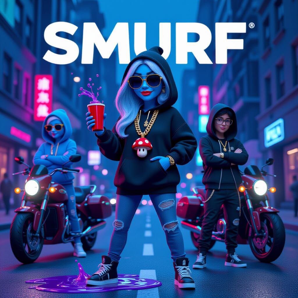Smurf-Inspired Urban Characters on Neon City Street
