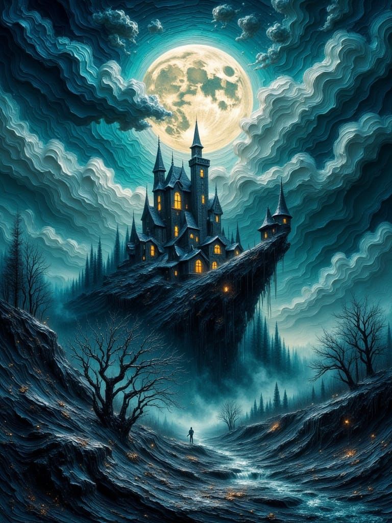 Gothic Mansion Under Full Moon, Expressive Oil Painting Styl...