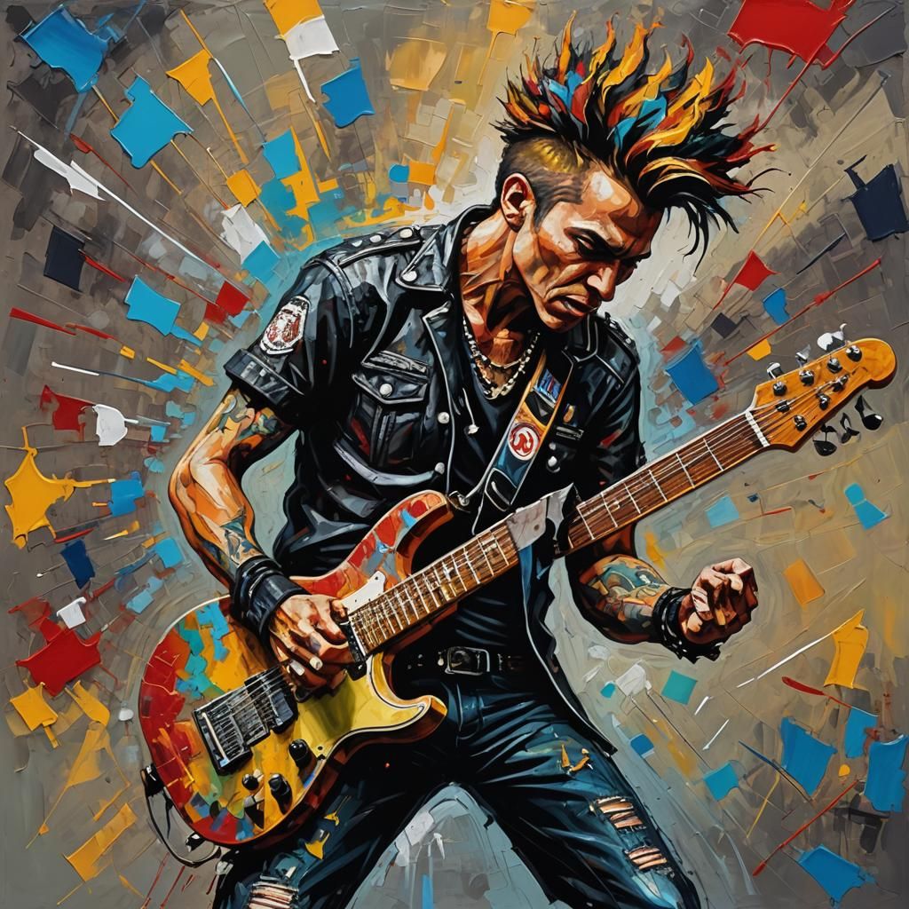 Punk Guitarist Bursts Forth as Impasto Oil Painting