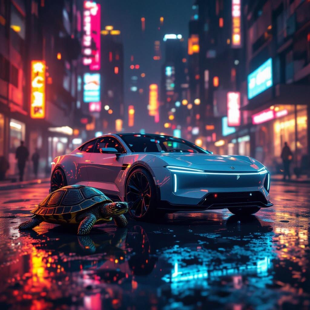 Cyberpunk Car Races Turtle in Warm, Volumetric Light