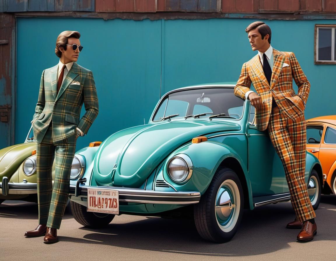 1970s Man in Plaid Suit by VW Beetle