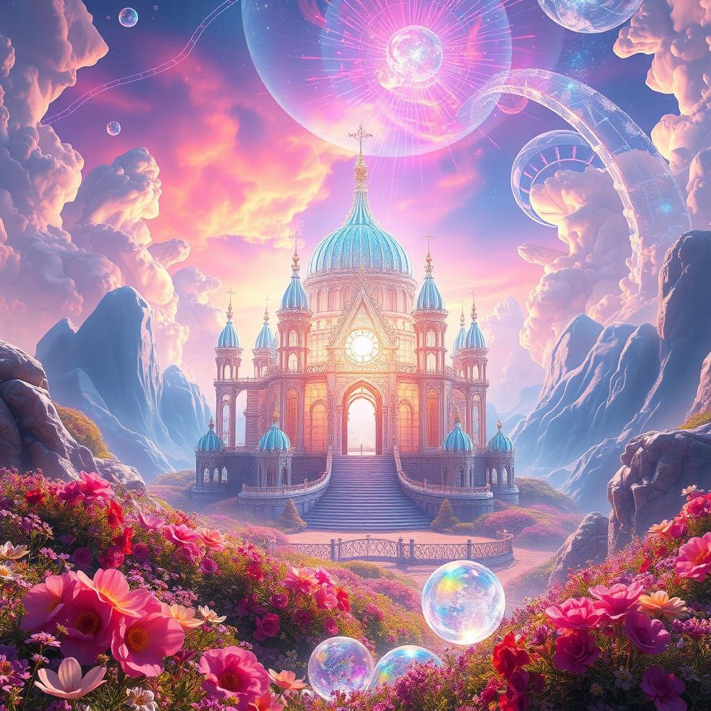 Ethereal Crystal Palace in Vibrant, Iridescent Realms