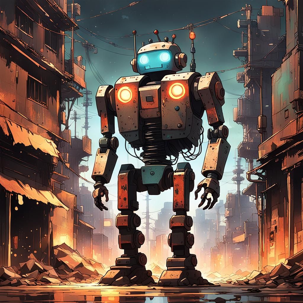 Lonely Robot in Desolate Cityscape: Anime Concept Art