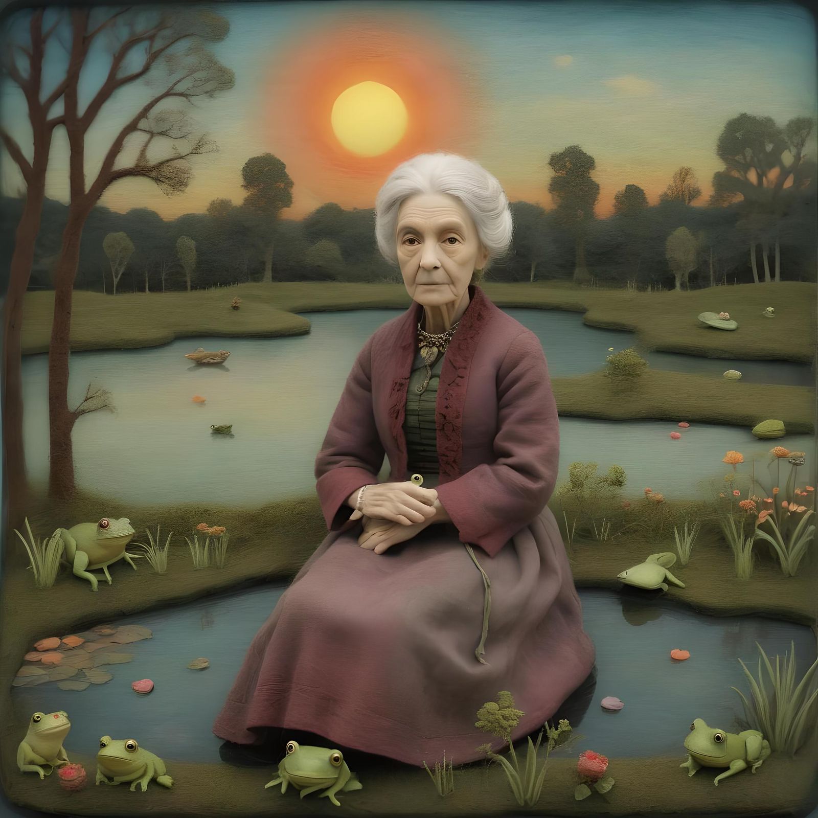 Needle-Felted Woman and Frog Pond at Sunrise