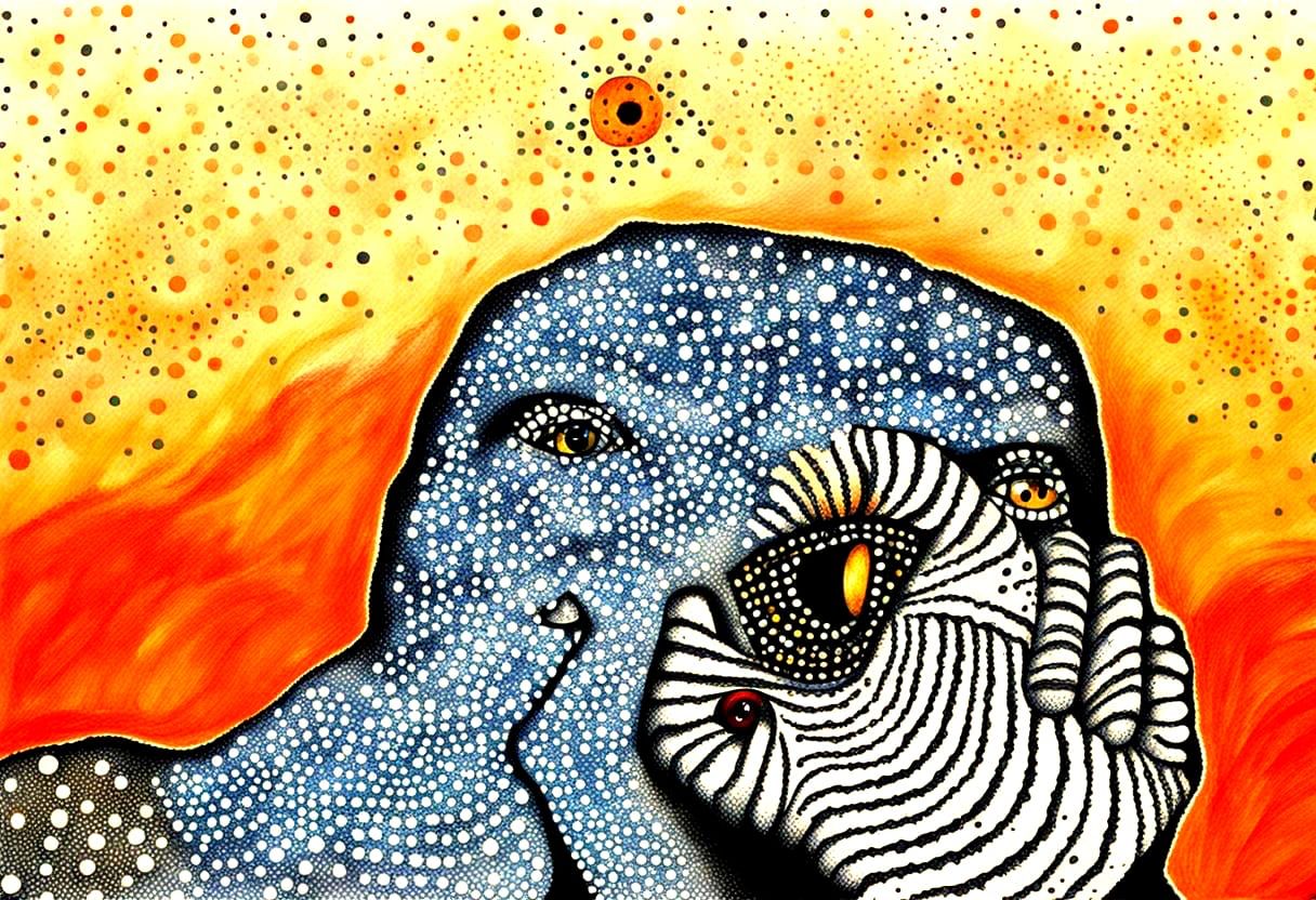 Pointillist Man Peeking Through Fingers at Horror