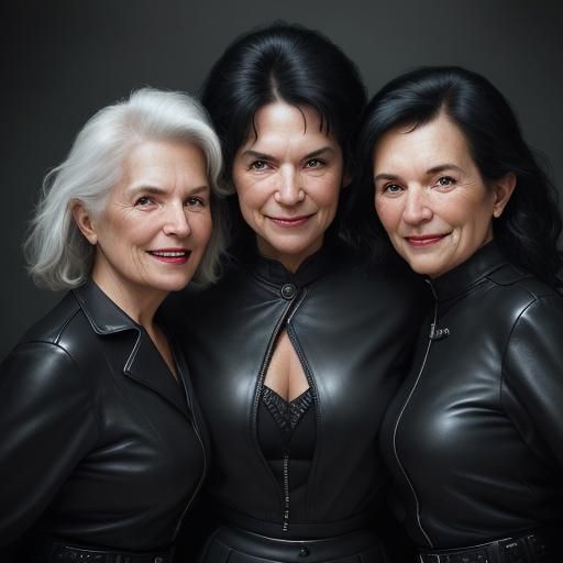 Three old women wearing all black leather skirt suits and smiling in the bedroom