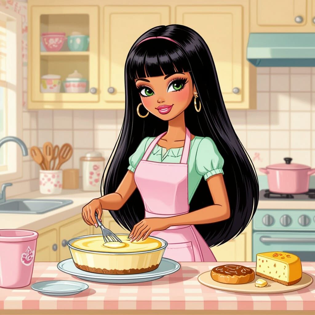 Bratz Doll Housewife Baking Flan Cheesecake in Pop Art Style