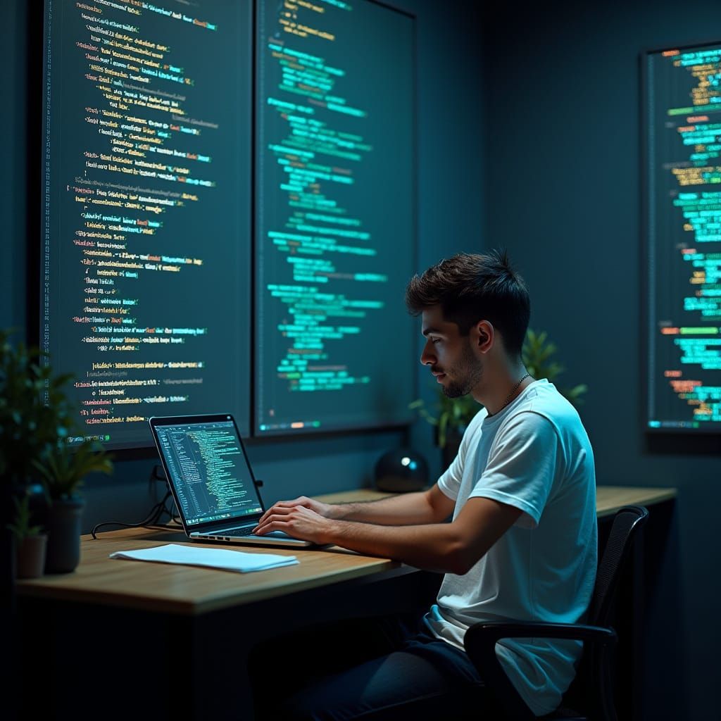 Young Brazilian Programmer in High-Tech Workspace