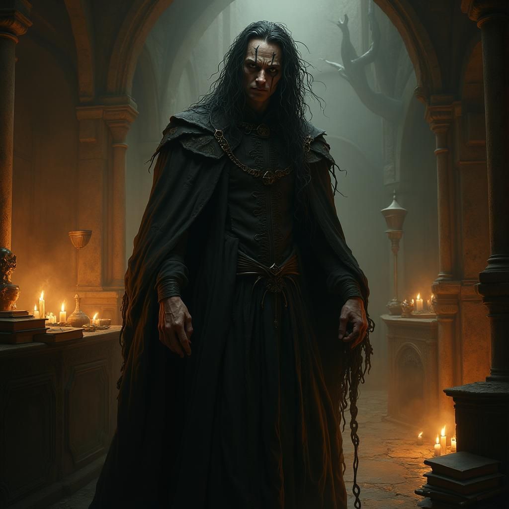 Towering Necromancer in Gothic Chamber