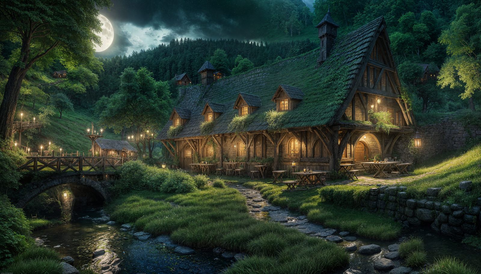 Medieval Tavern in Green Valley at Night