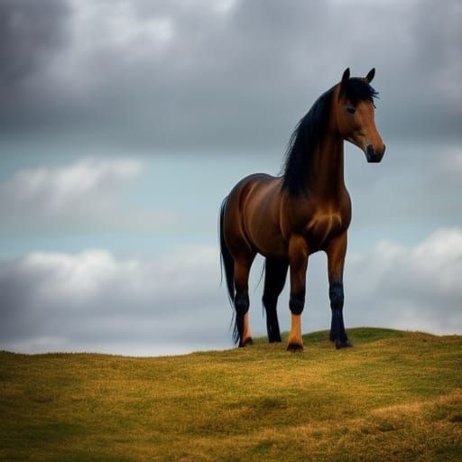 black and tan stallion horse on a hillock
