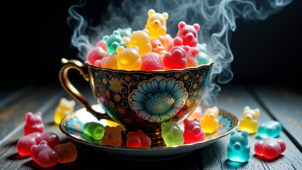 Gummy Bears Submerged in Steaming Tea Cup