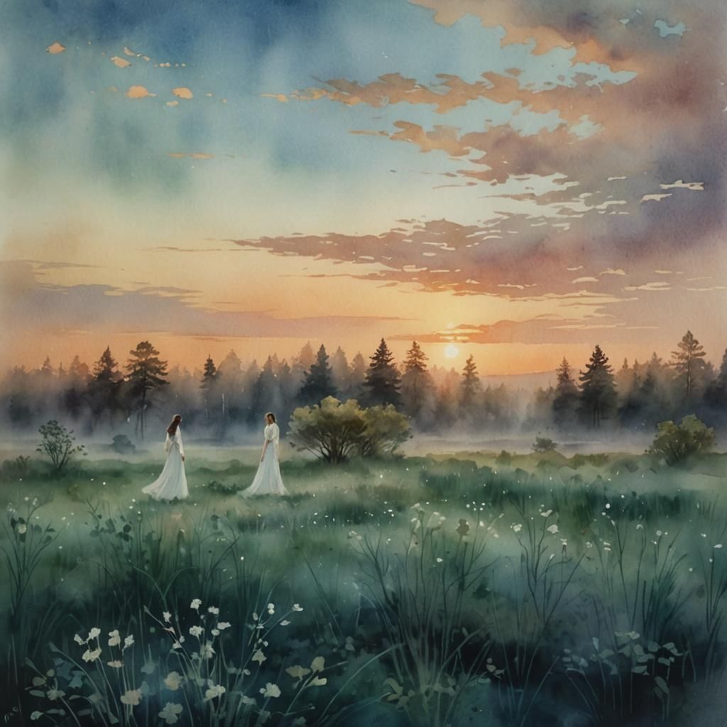 Ethereal Watercolor Portrait of Woman in Misty Forest