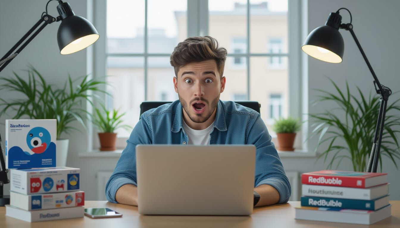 Shocked Entrepreneur Surrounded by Redbubble Products