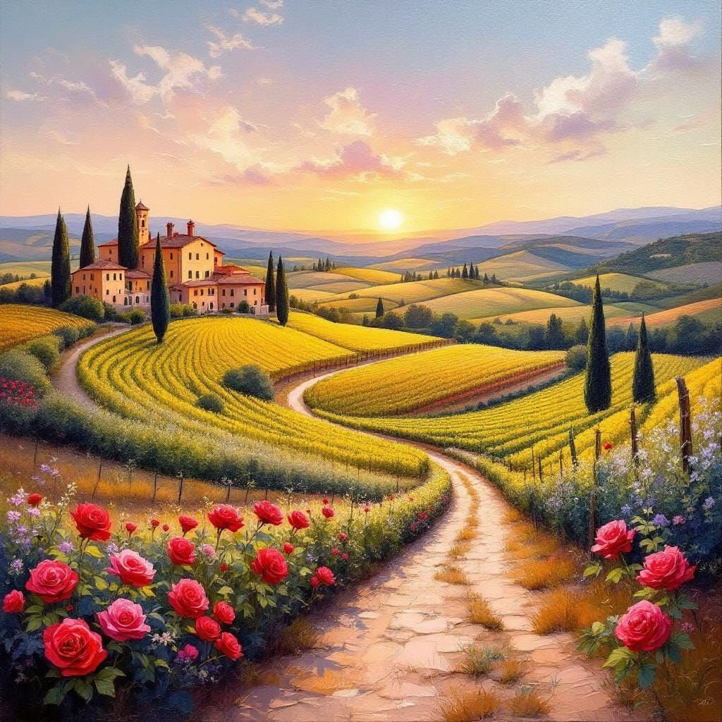 Tuscan Landscape with Villas, Impasto Oil Painting