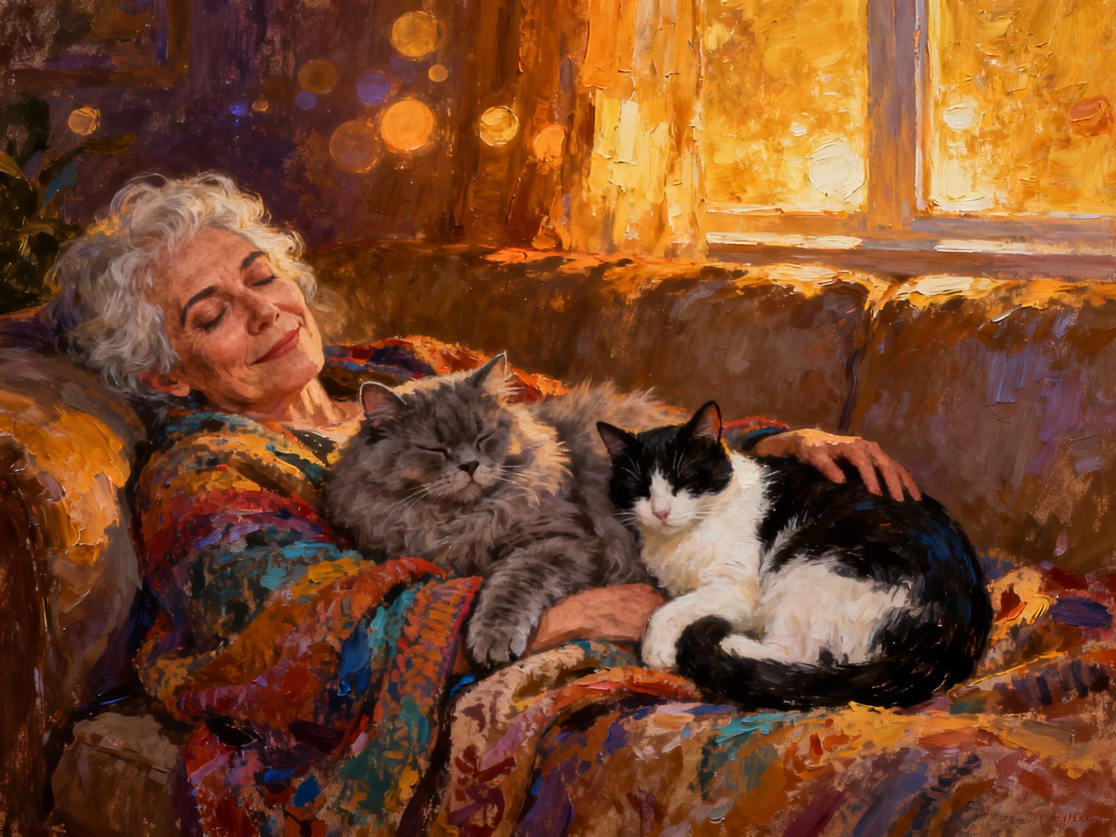 Elderly Transwoman Napping With Cats in Dreamscape Style