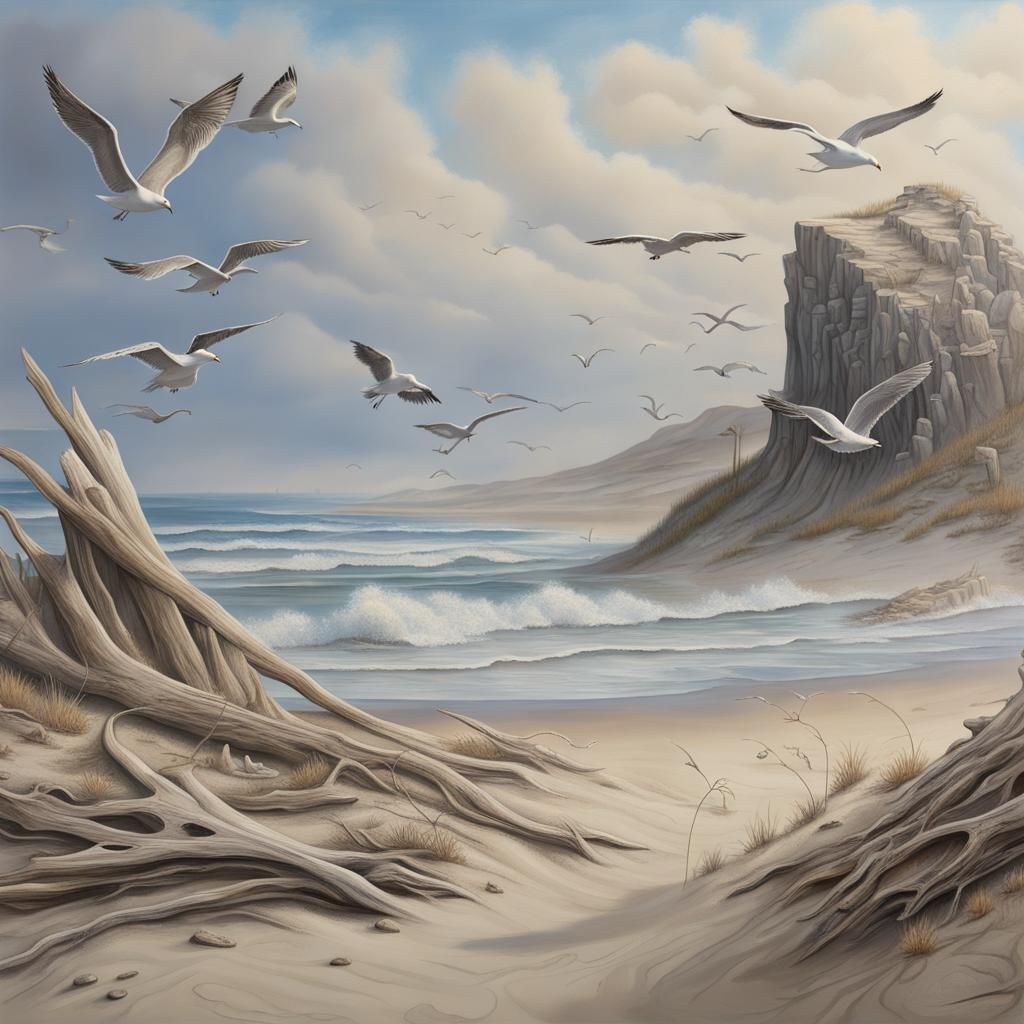 Ethereal Beach Scene with Mountains and Seagulls