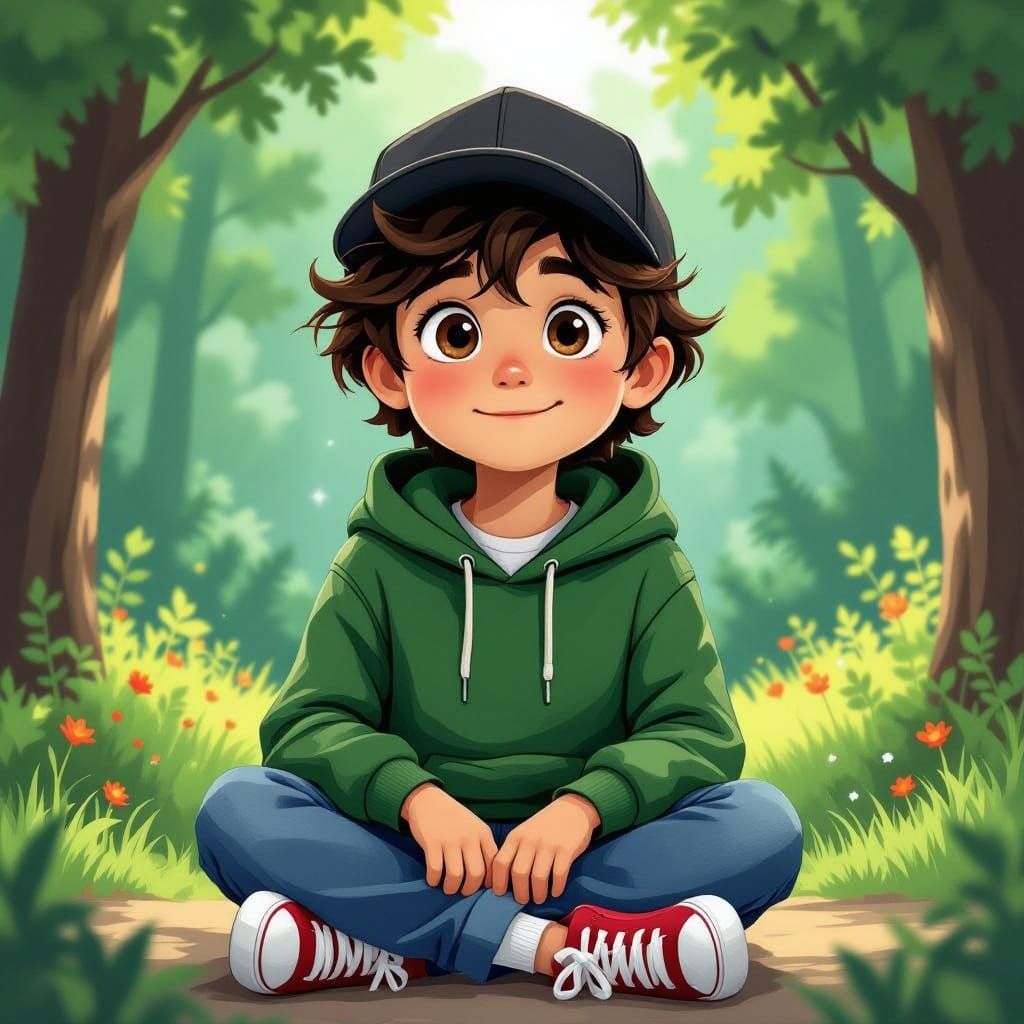 12-year-old boy with wavy dark brown hair falling across his forehead and warm brown eyes, wearing a forest green hoodie...