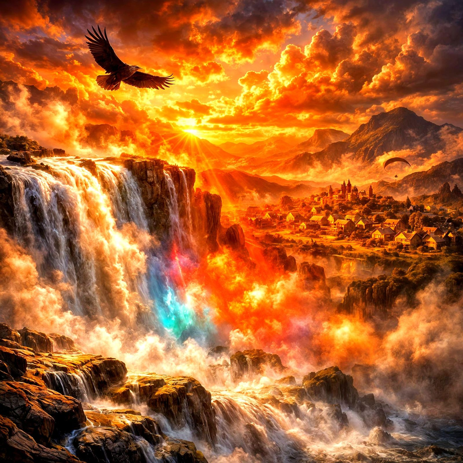 Epic Fantasy Landscape with Waterfall and Spectral Mist