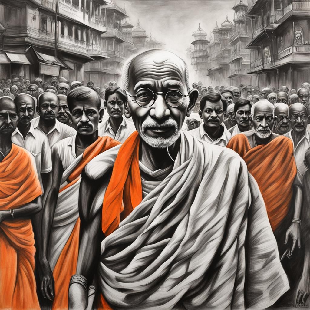 Mahatma Gandhi in Kolkata: Hyperdetailed Charcoal Drawing