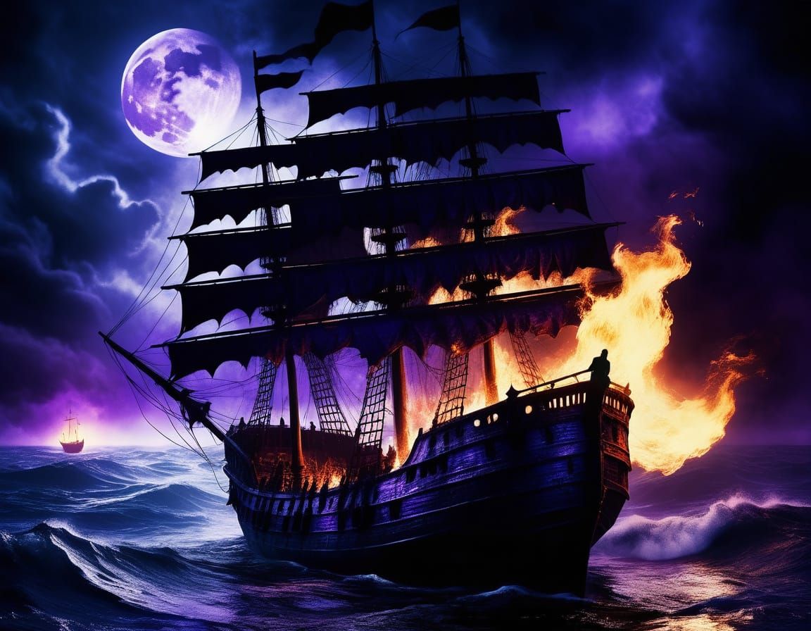Vampire on Burning Ship in Gothic Dark Fantasy Art