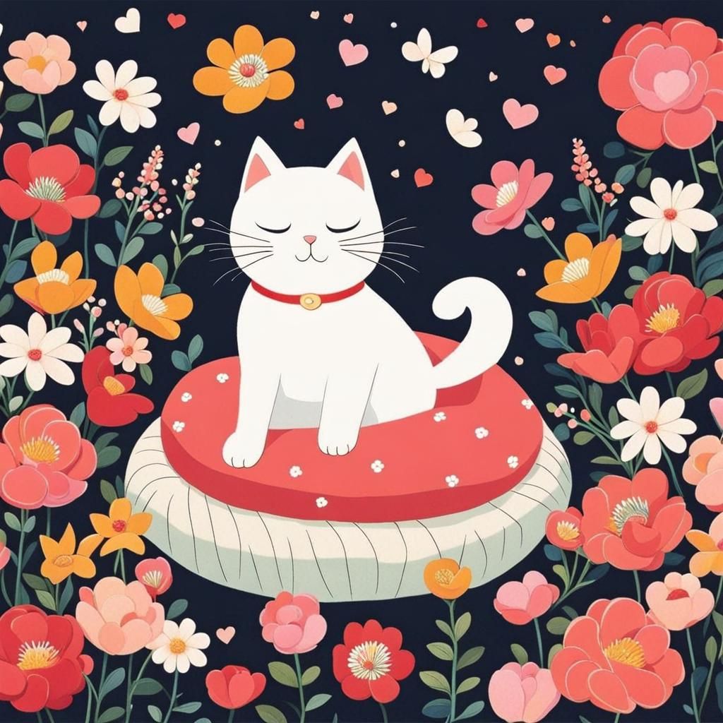 Cute Cat Surrounded by Flowers in Pop Art Style