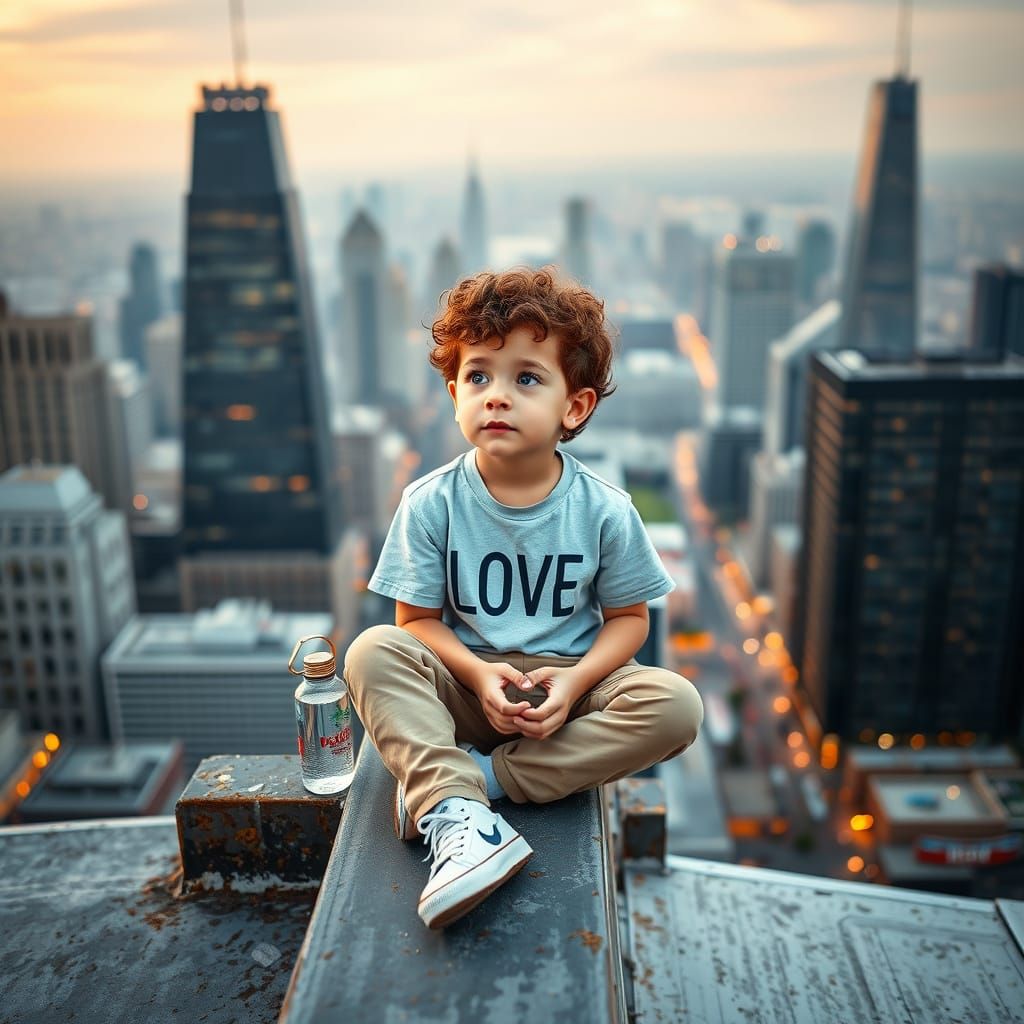 Boy Gazing at Cityscape: Photorealistic Rooftop Scene