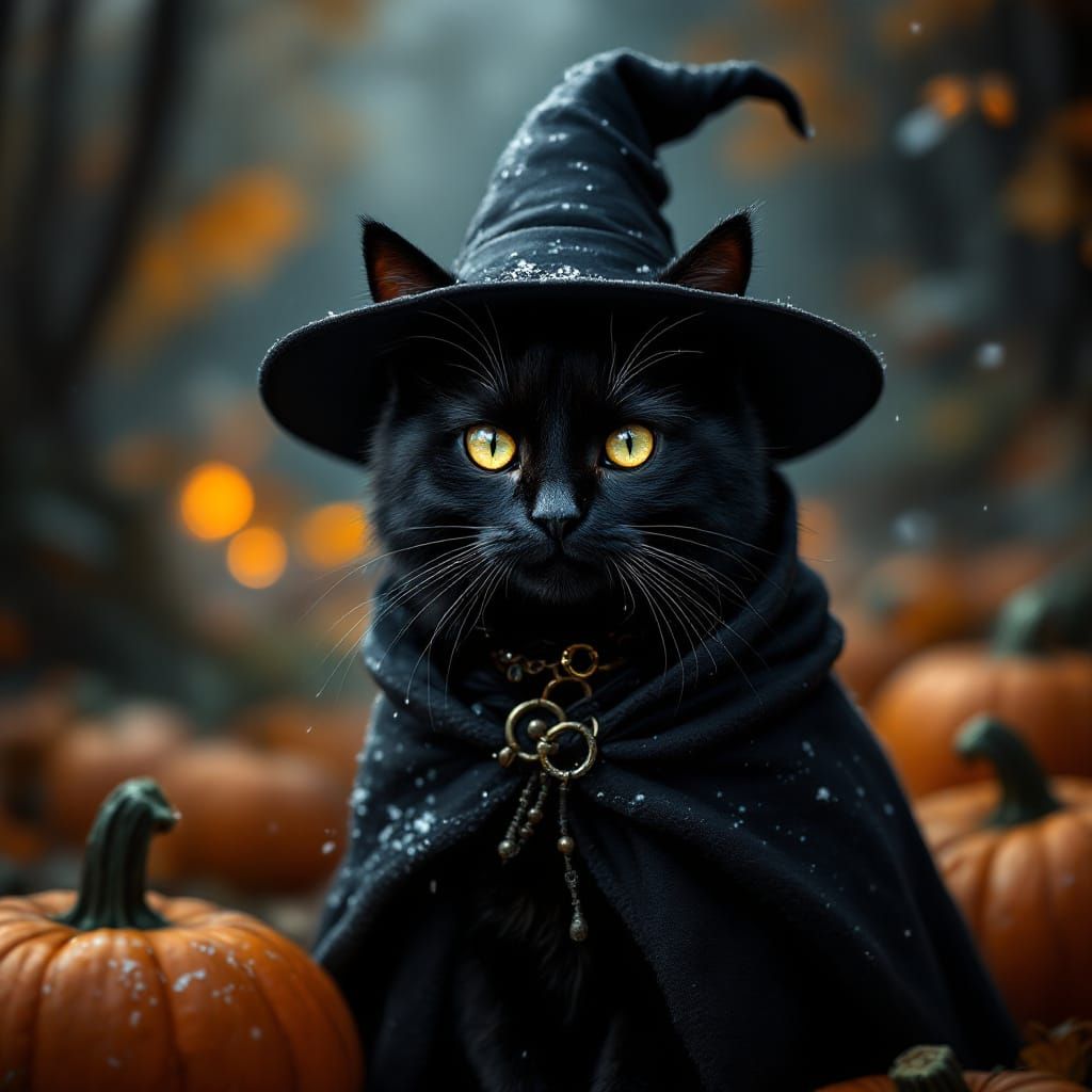Halloween Black Cat in Witch Hat With Pumpkins