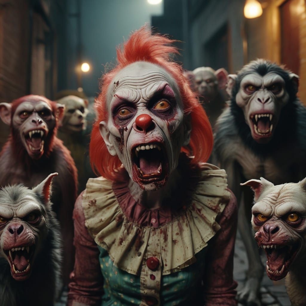 Grotesque Zombie Clown Surrounded by Dogs