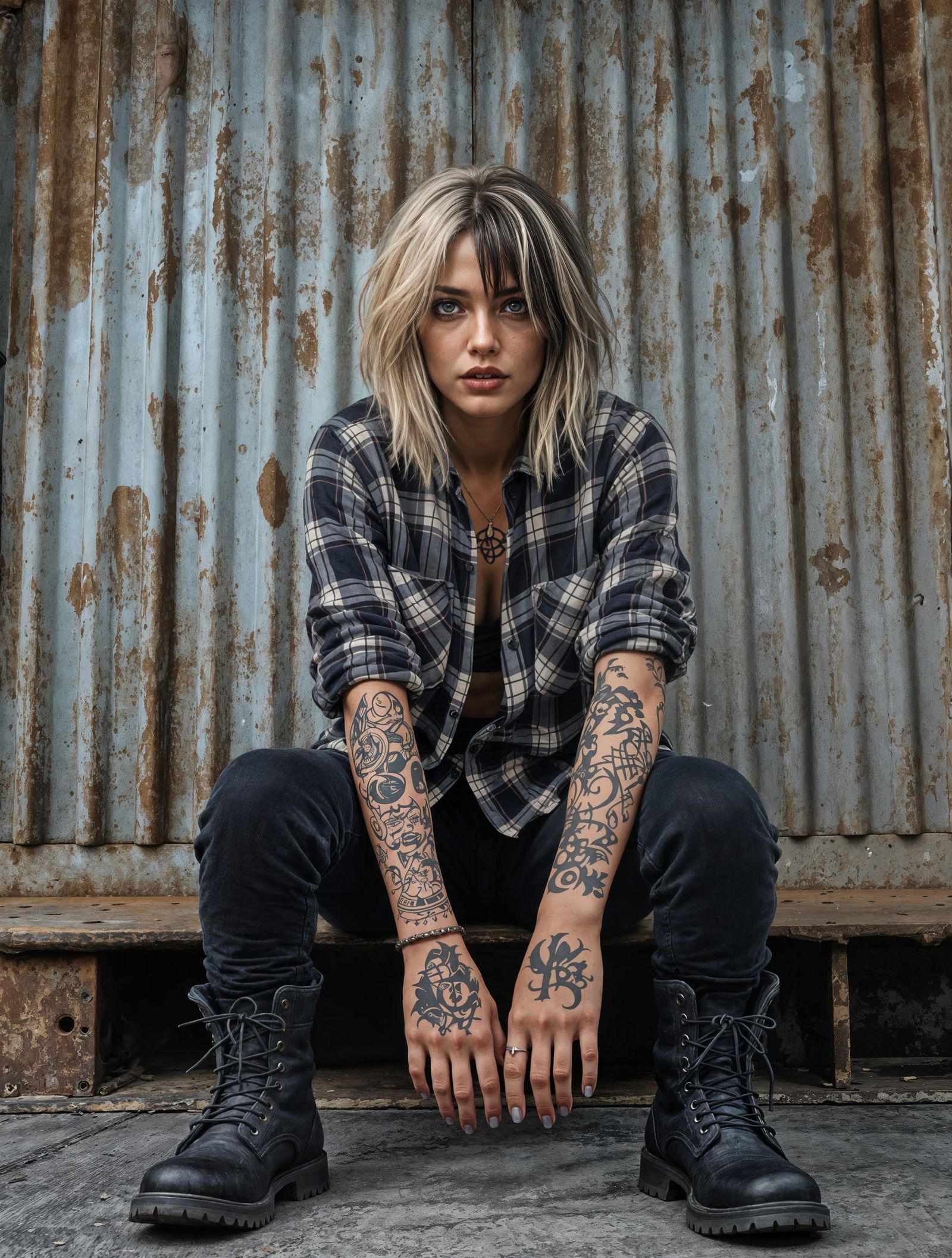 Grunge Realism Portrait of Young Woman with Tattoos and Flan...