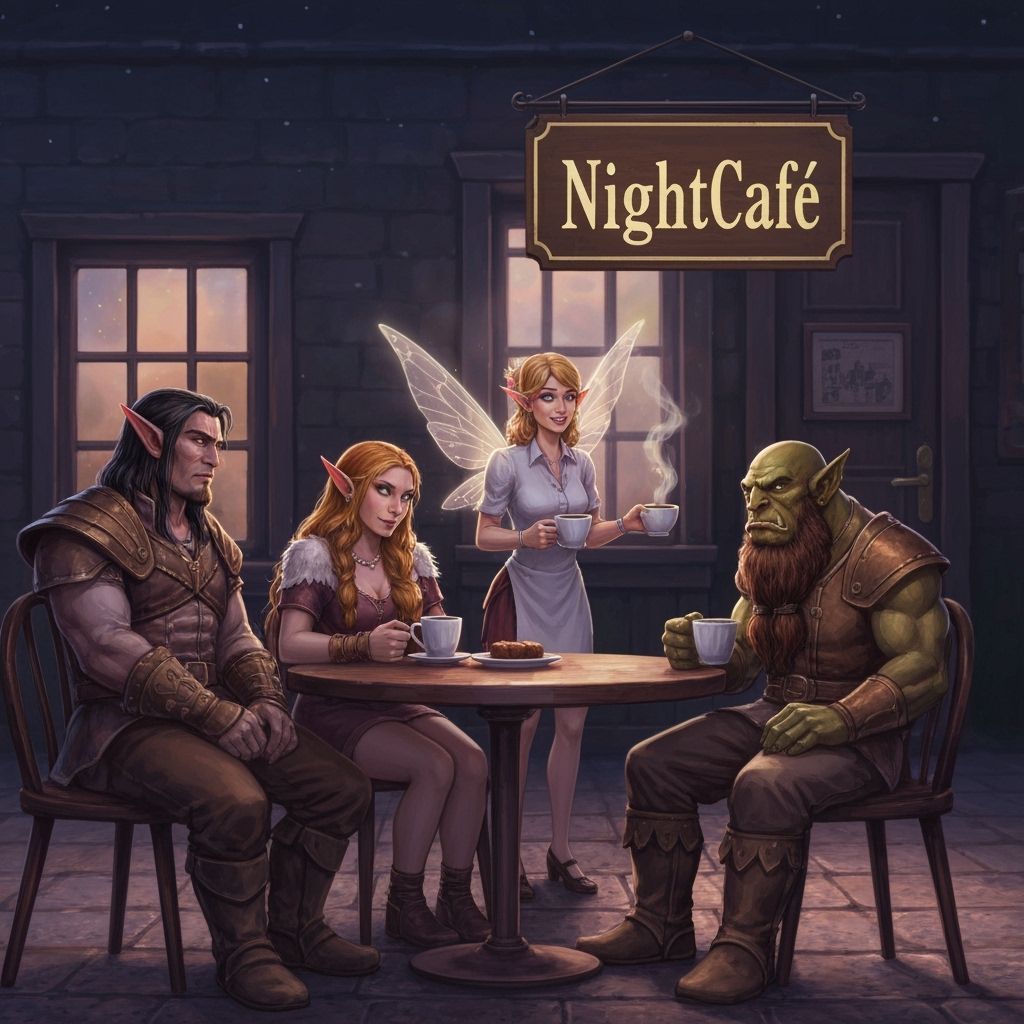 Ethereal Fantasy Night Cafe with Elves, Dwarves, and Orcs
