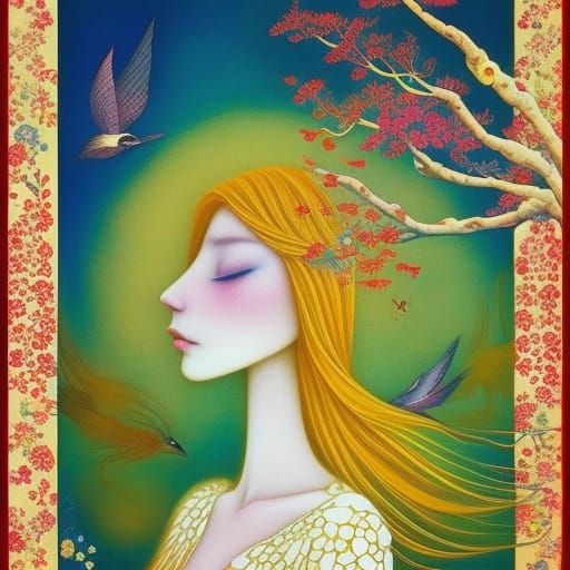 Fairytale Girl with Birds and Flowers, Coloring Book