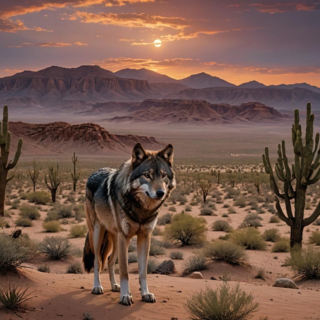 Majestic Wolf at Desert Sunset