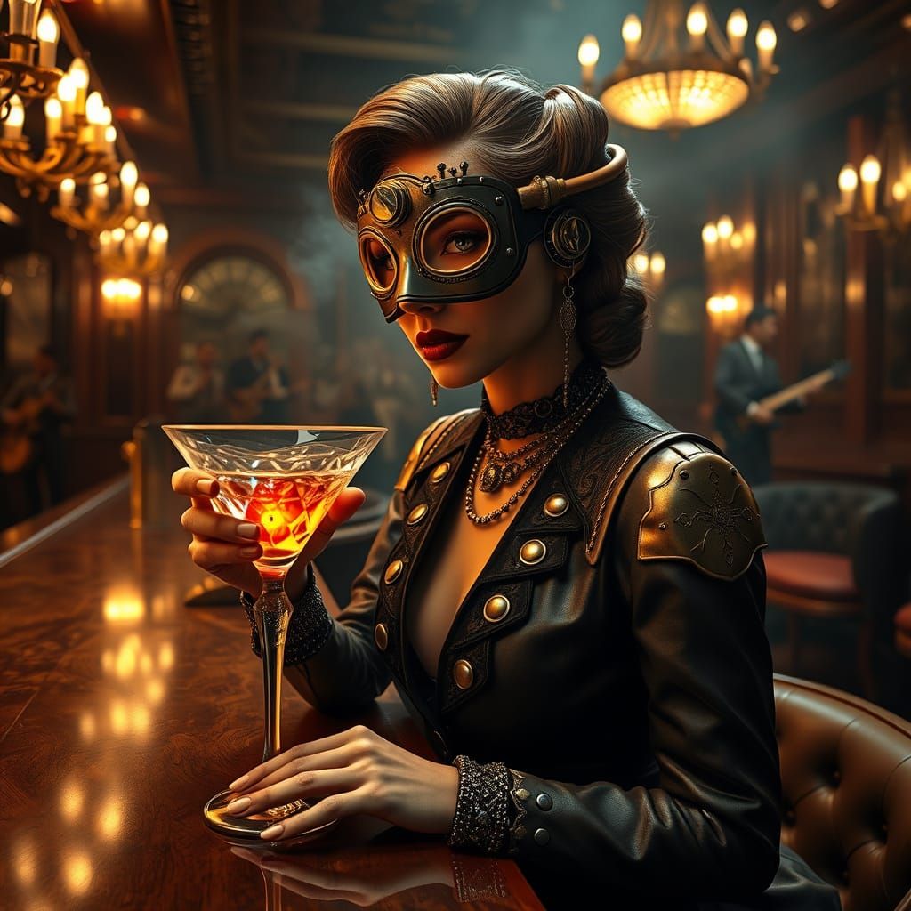 Opulent 1920s Speakeasy with Steampunk Masquerade Woman