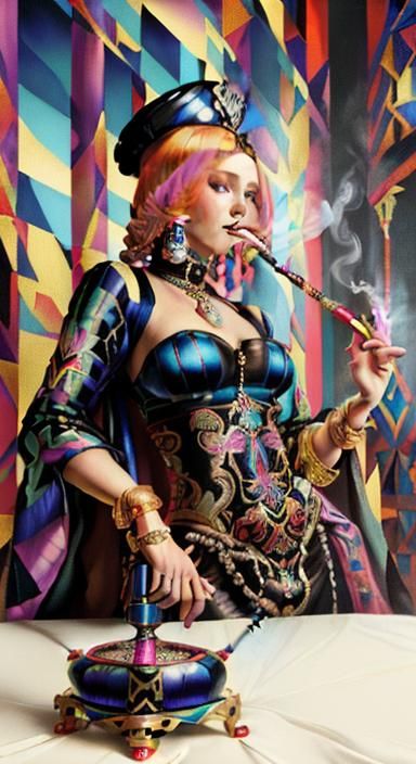 Opulent Russian Princess Smoking Hookah in Art Deco Style