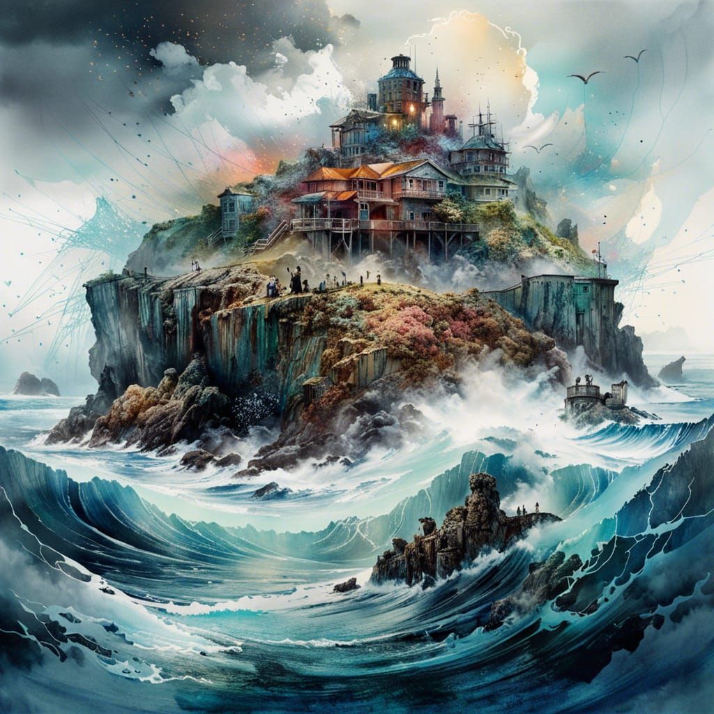 Misty Island in Stormy Sea: Hypermaximalist Artwork