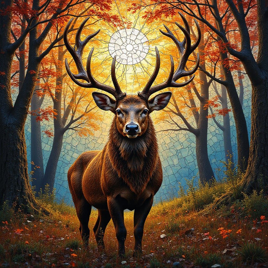 Majestic Stag in Vibrant Stained Glass Mosaic