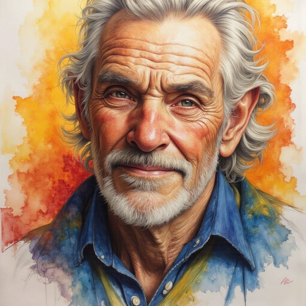 Pencil Sketch of an Old Man with Sunset Colors