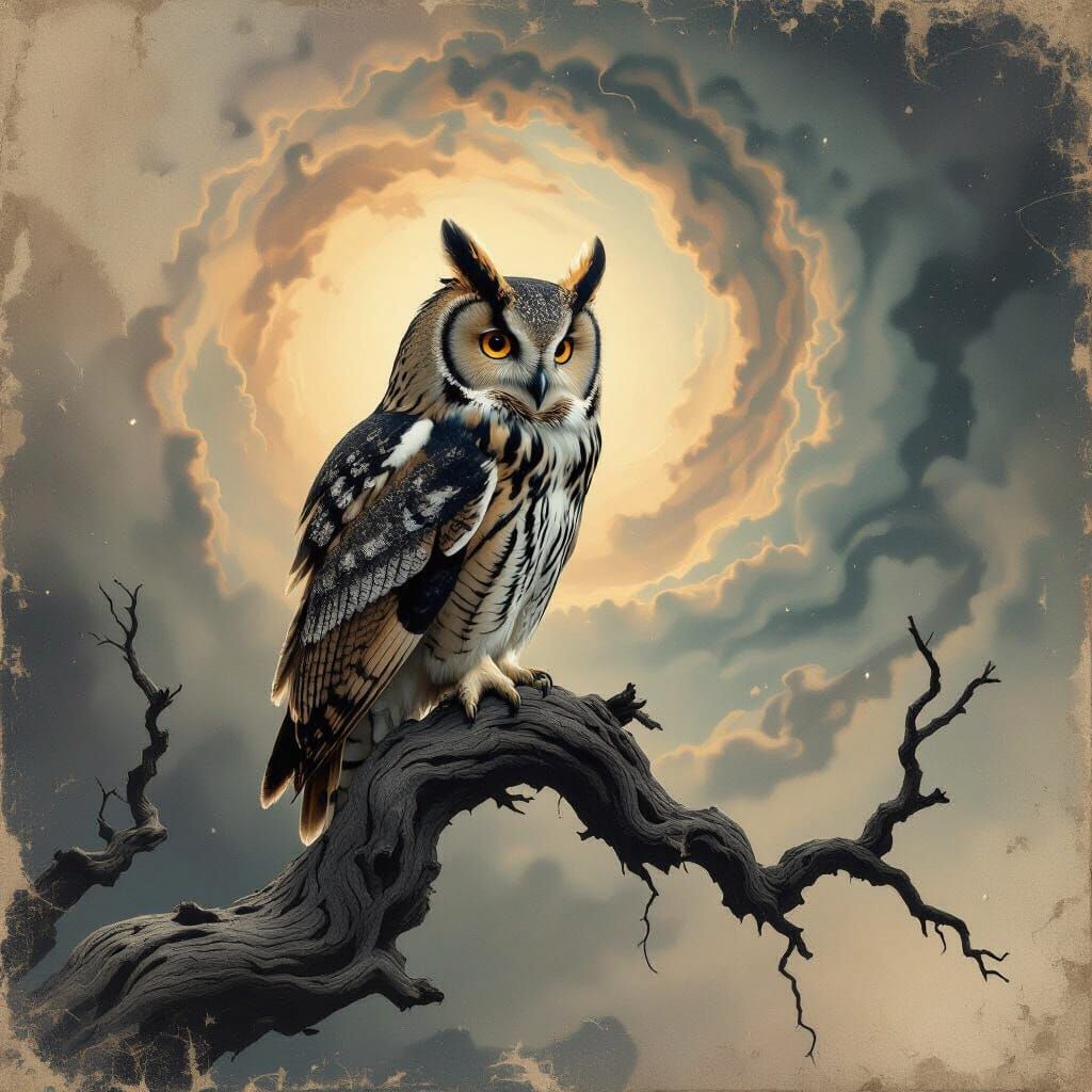 Gothic Owl in Nebula, Vintage Magazine Style