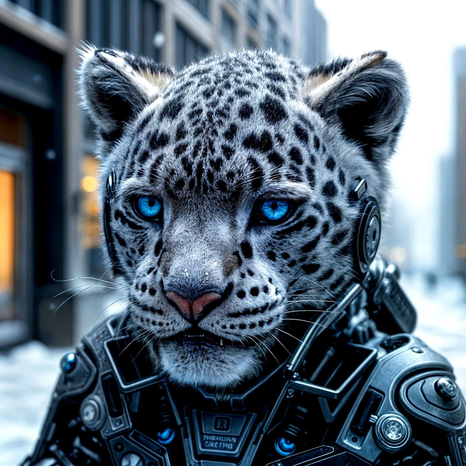 Photorealistic Snow Leopard Cyborg in Snowy City
