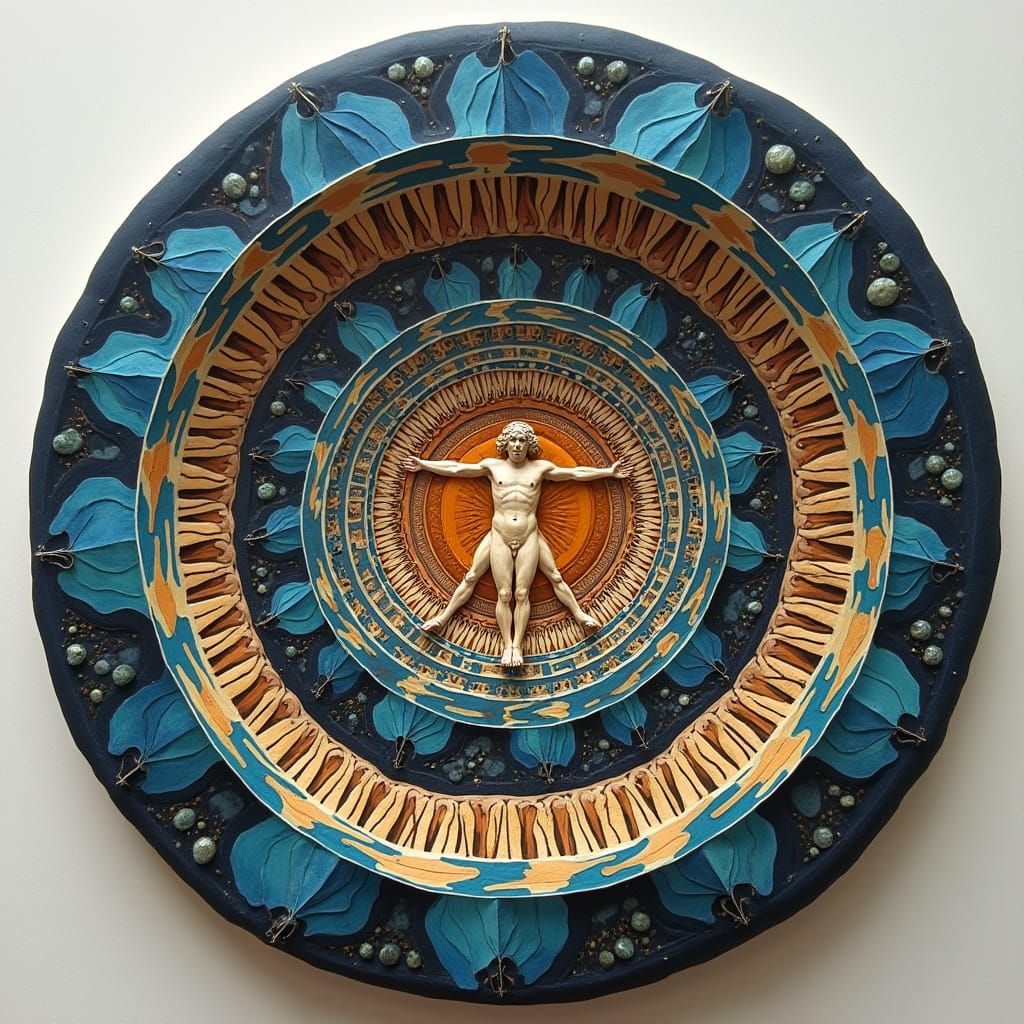 Vitruvian Man in Escher's Cosmic Vortex