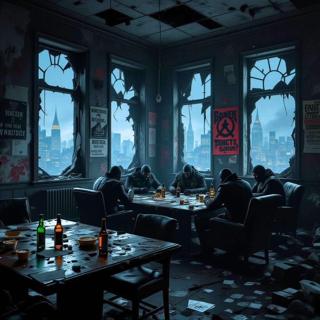 Macabre Horror Scene of a Ruined Conference Room