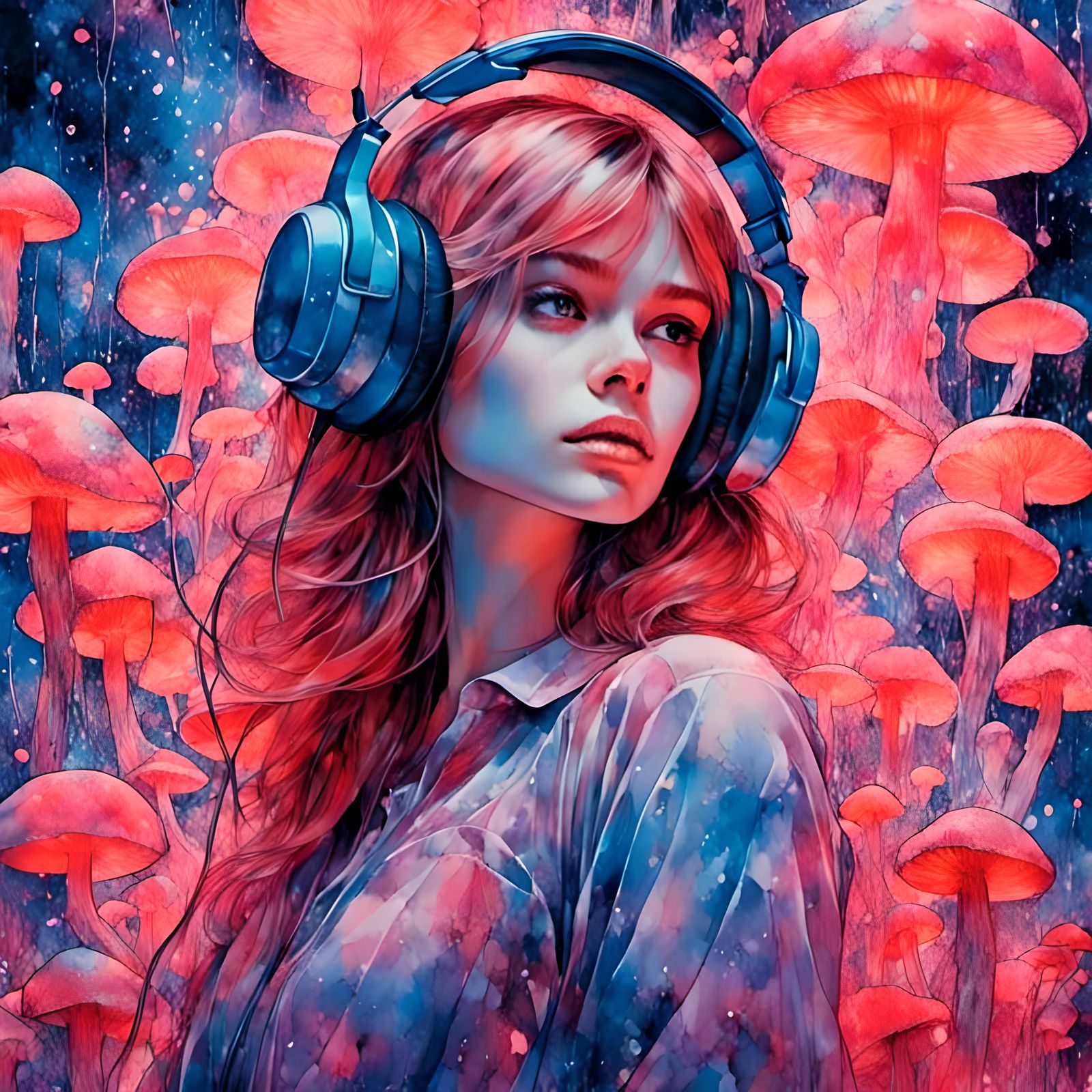 Psychedelic Double Exposure: Woman, Headphones, and Mushroom...