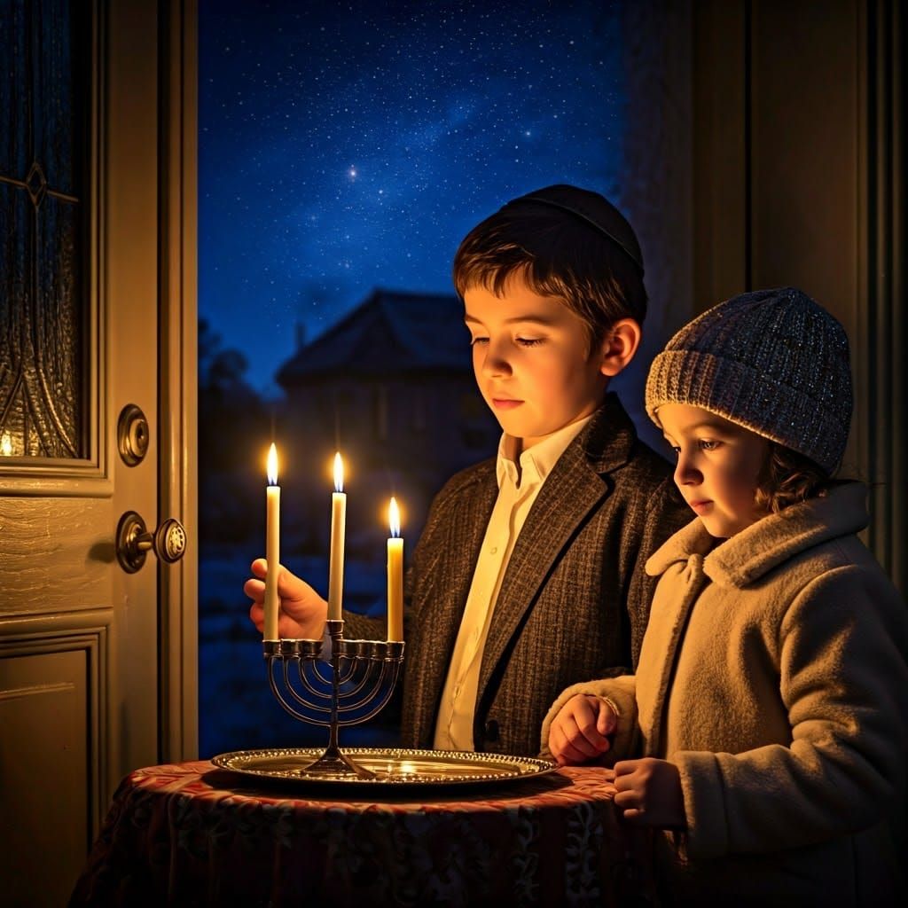 Young Hasidic Boy Lights Hanukkah Candles in Cozy Home