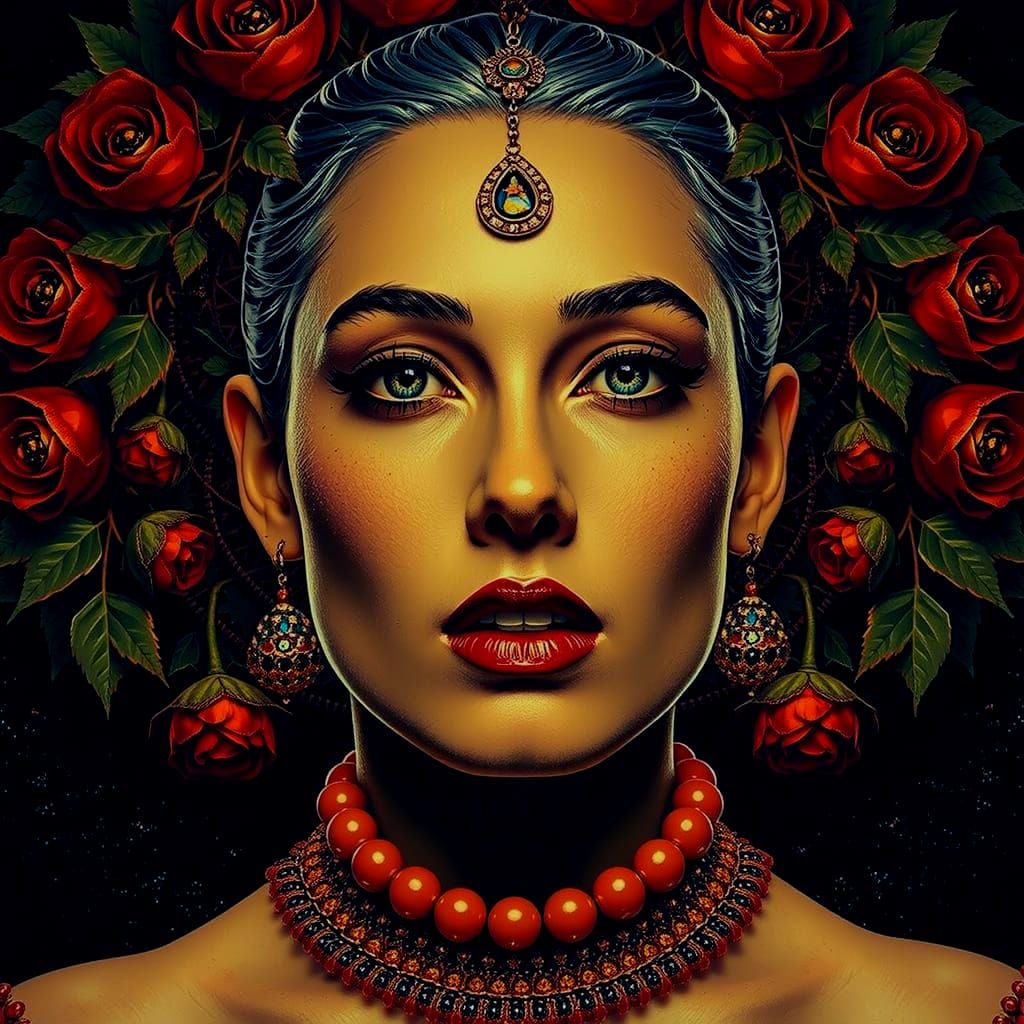 Woman with Teal Hair Among Green Leaves and Yellow Flower