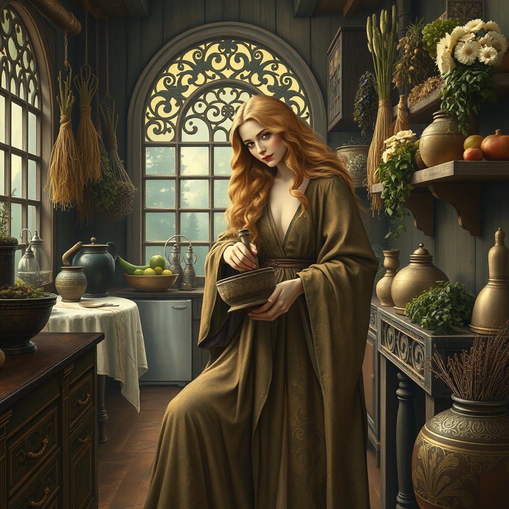 Druidess Making Medicine in Gustav Klimt Art Nouveau Style