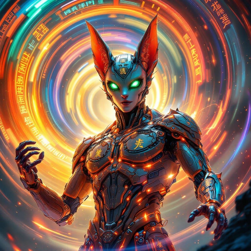 Cybernetic Warlord in Vibrant Vortex