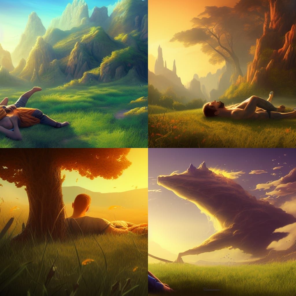 Man Relaxing in Sunny Field: Fantasy Concept Art