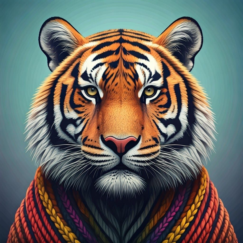 Vibrant Knitted Tiger in Whimsical Digital Art Style
